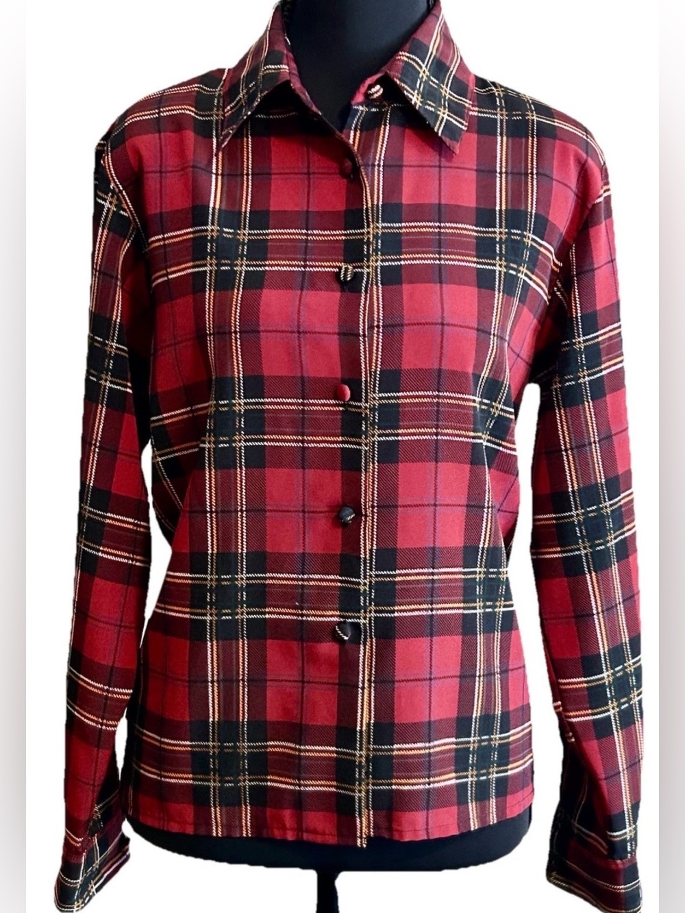 Vintage Yves St Clair Petites Plaid Button Down Shirt 8P Red Tartan Shoulder Pad